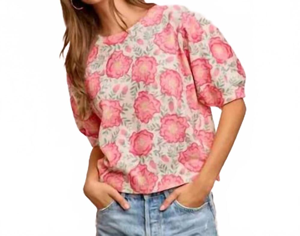 NEW BIBI flower printed puff sleeves knit top in ivory